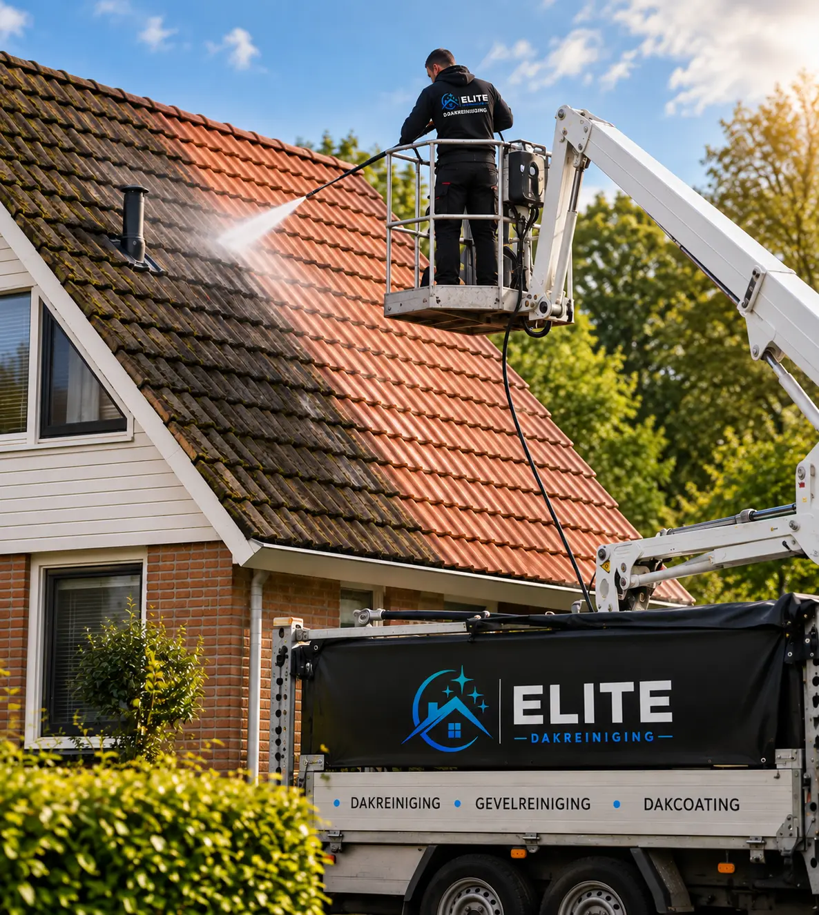 Elite Dakreiniging aan het werk op een pannendak