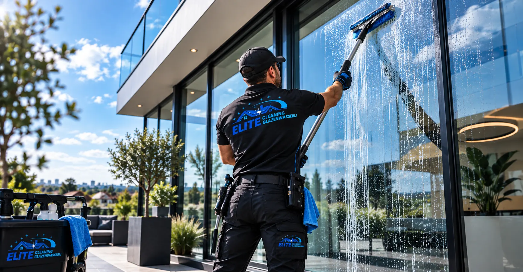 Elite Cleaning professionele glazenwasserij aan het werk